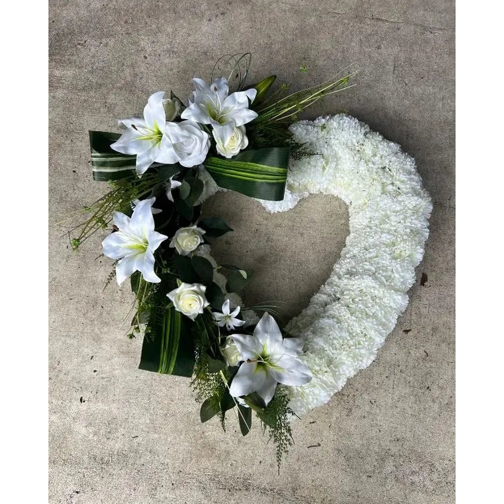 Artificial White Silk Open Heart Funeral Wreath With Spray Claire De Fleurs