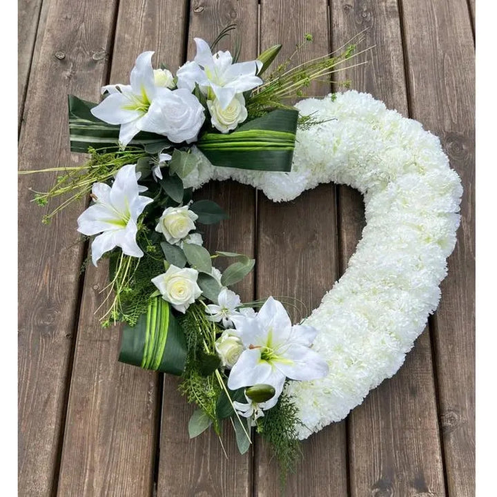 Artificial White Silk Open Heart Funeral Wreath With Spray Claire De Fleurs