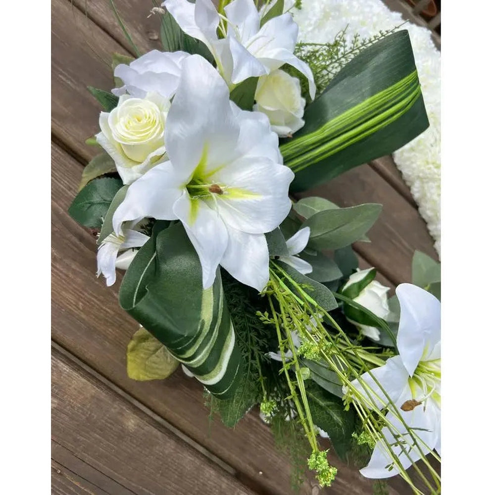 Artificial White Silk Open Heart Funeral Wreath With Spray Claire De Fleurs