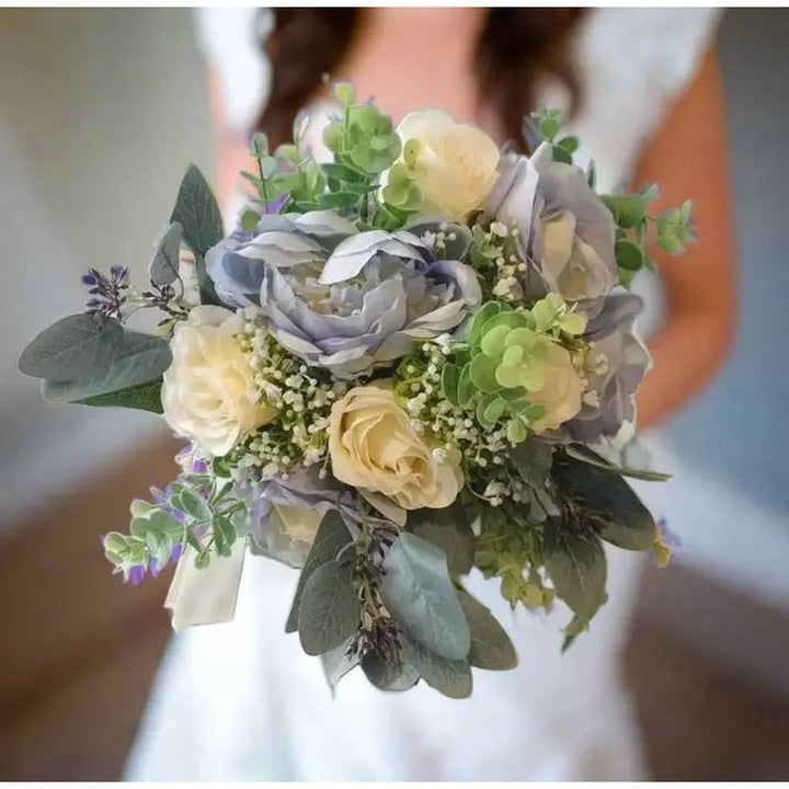 Blue and Ivory Rose Wedding Bouquet Artificial Wedding Bouquet Package Claire De Fleurs