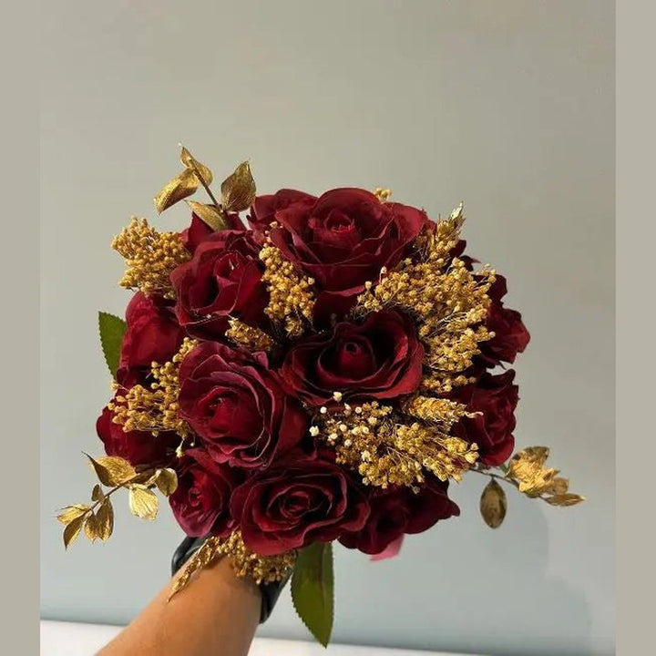 Burgundy And Gold Rose Bouquet Claire De Fleurs