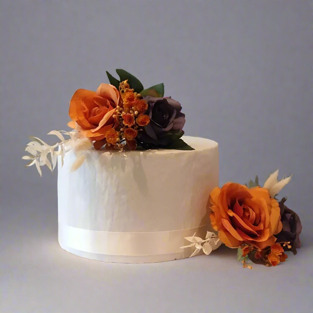 Burnt Orange and Purple Roses Cake Flowers Claire De Fleurs