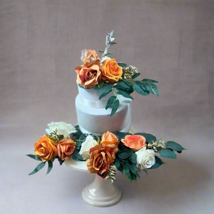 Cake Flowers Burnt Orange, Ivory And Gold Rose Cake Garland Set - Artificial Silk Flowers For Wedding  Birthday Claire De Fleurs