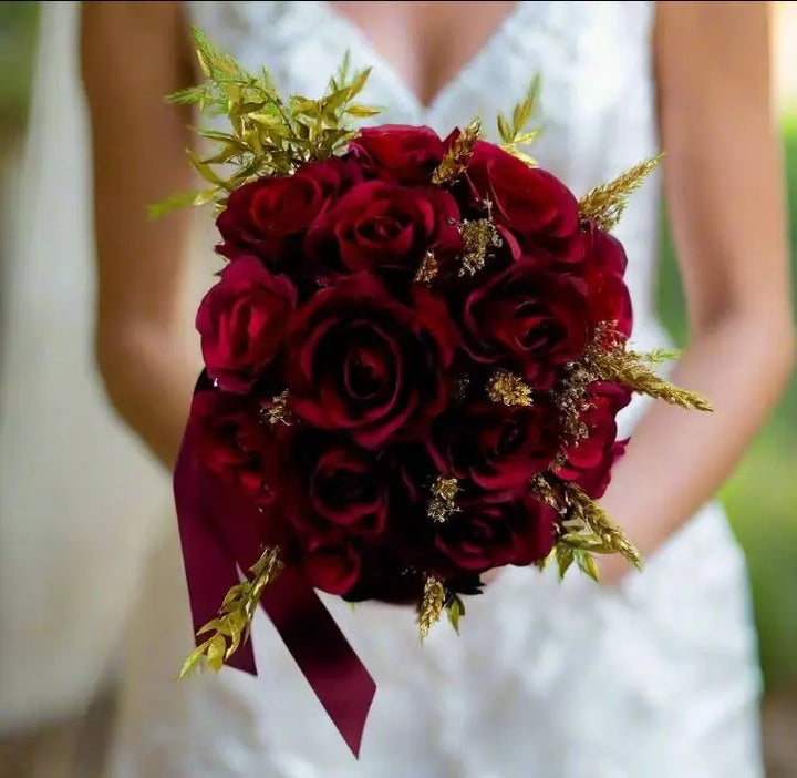 Dark Red and Gold Artificial Rose Bridal Bouquet Package Claire De Fleurs