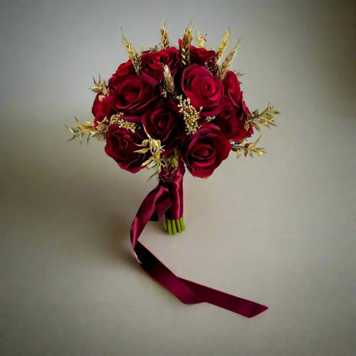 Dark Red And Gold Rose Bridal Bouquet Wedding Flowers- Artificial Silk Flowers For Winter Wedding | Claire De Fleurs Claire De Fleurs