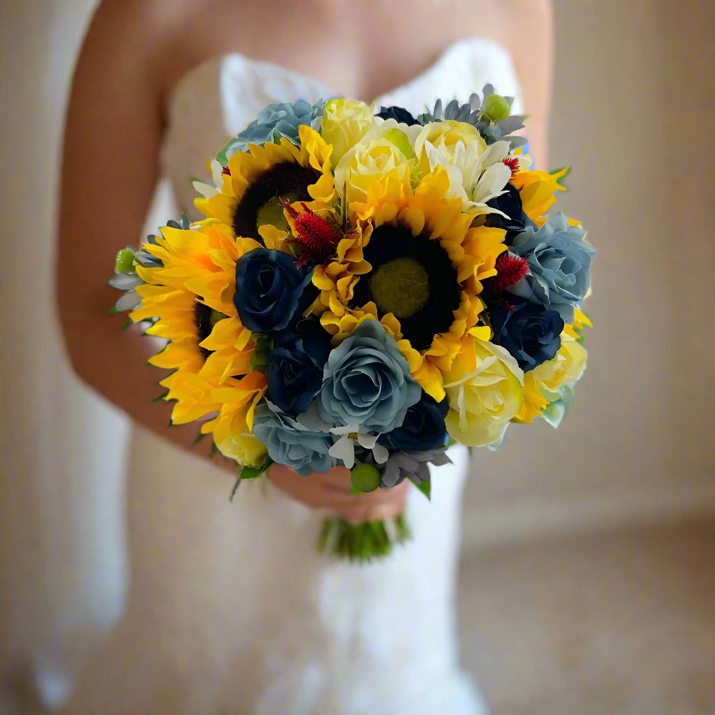 Dusty Blue, Sunflower And Yellow Rose Artificial Bouquet Claire De Fleurs