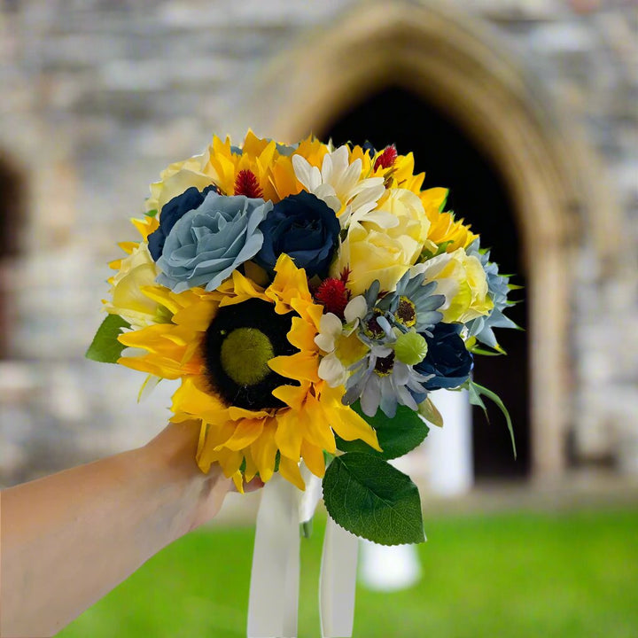 Dusty Blue, Sunflower And Yellow Rose Artificial Bouquet Claire De Fleurs