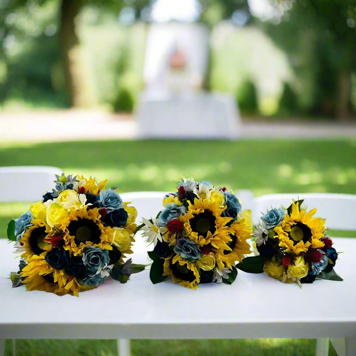 Dusty Blue, Sunflower And Yellow Rose Artificial Bouquet Claire De Fleurs