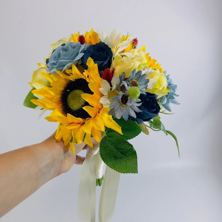 Dusty Blue, Sunflower And Yellow Rose Artificial Bouquet Claire De Fleurs