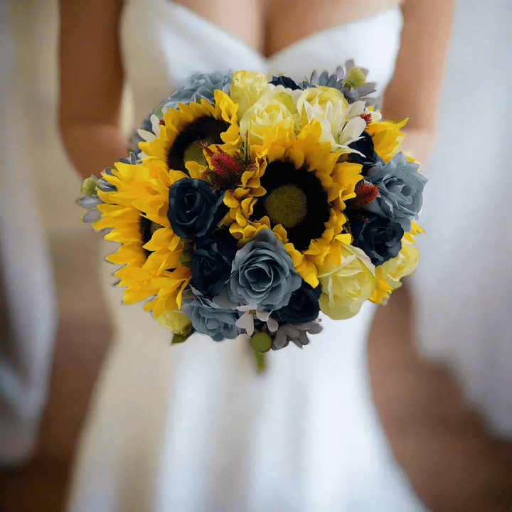 Dusty Blue, Sunflower And Yellow Rose Artificial Bouquet Claire De Fleurs