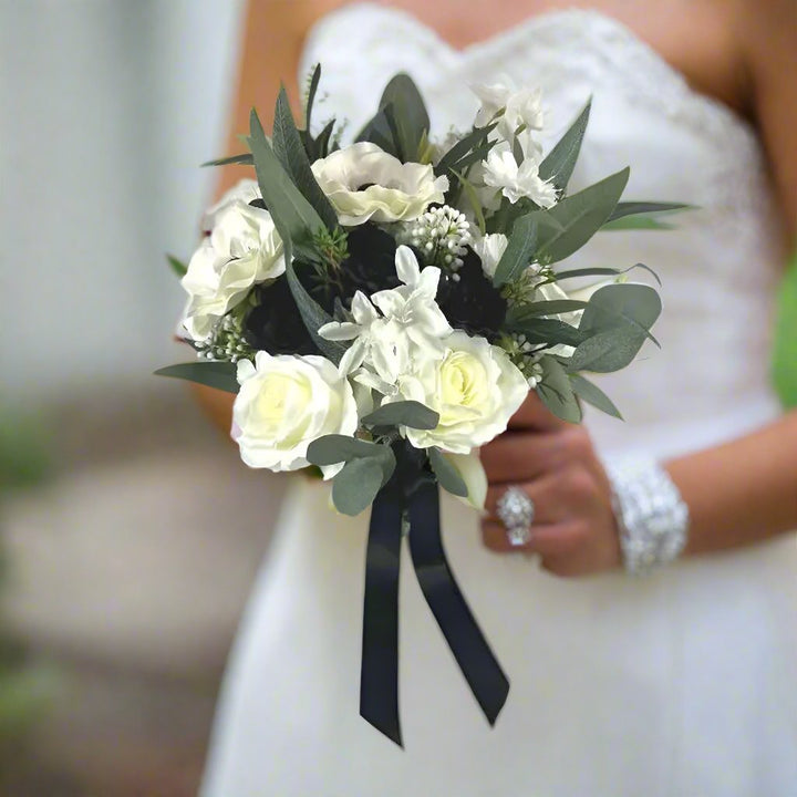 Green, Ivory and Black Wedding Bridal Bouquet - Faux Silk Flowers Wedding Flowers Claire De Fleurs