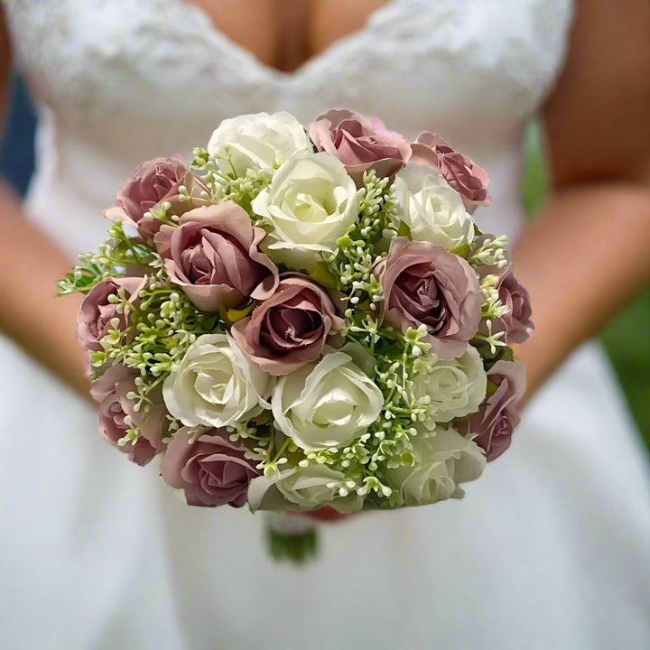 artificial silk ivory and pink rose wedding bouquet