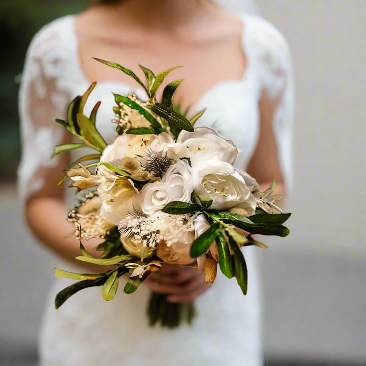 Ivory White Rose Peony And Thistle Bouquet Claire De Fleurs