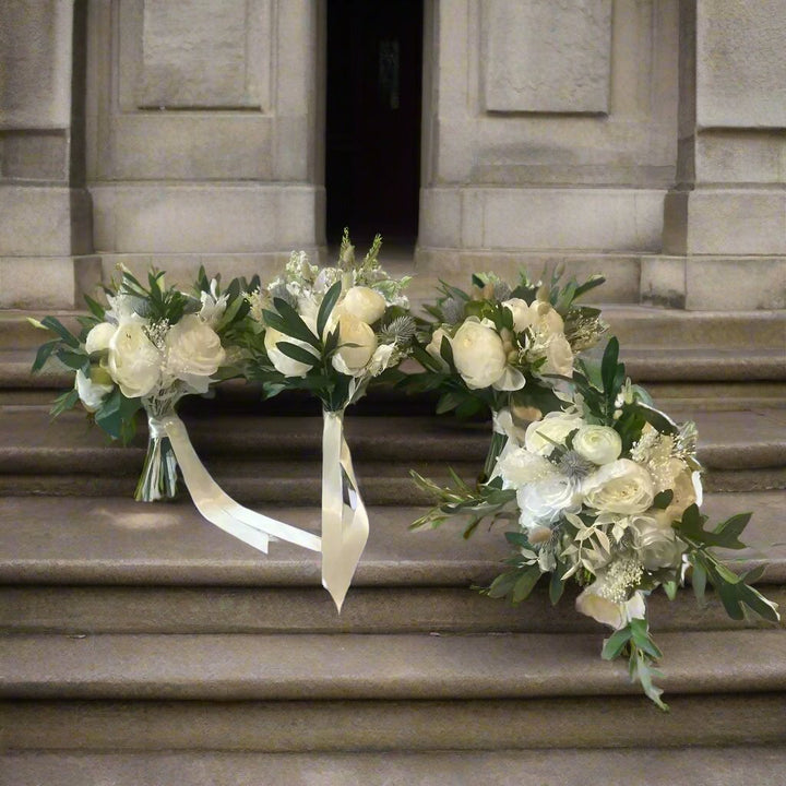 Ivory White Rose Peony And Thistle Bouquet Claire De Fleurs