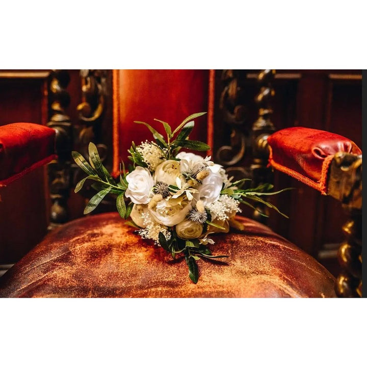 Ivory White Rose Peony And Thistle Bouquet Claire De Fleurs