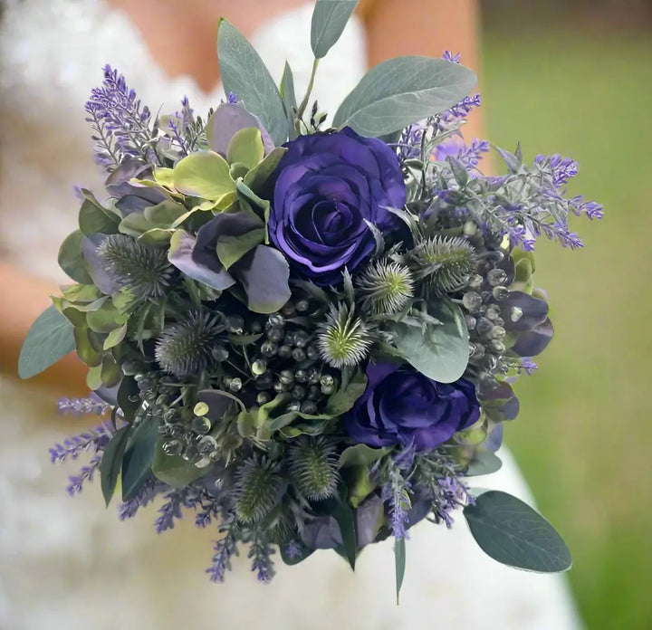 Lavender, Thistle And Purple Rose Artificial Bridal Bouquet Claire De Fleurs