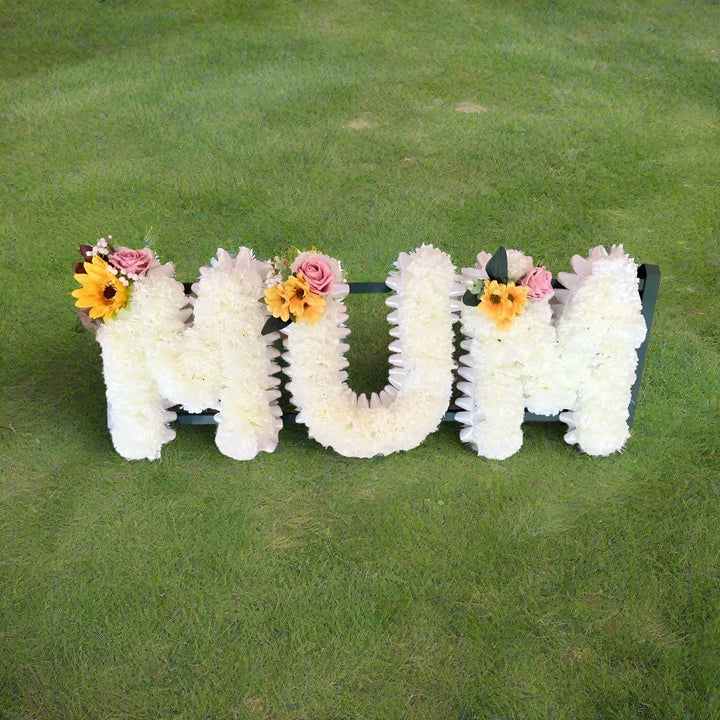 Mum Artificial Silk Flower Letter Tribute Grave Flowers, Pink And Yellow Spray Claire De Fleurs