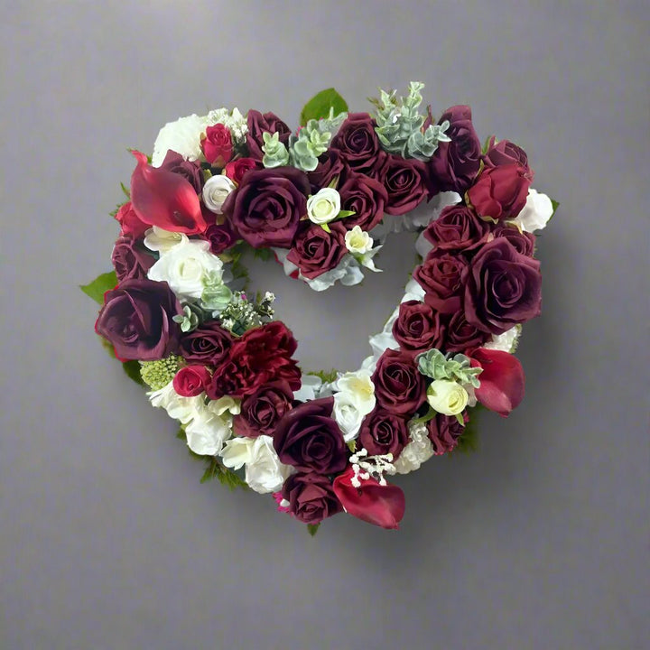 Red And White Rose Heart Shaped Valentines Artificial Flowers Memorial Wreath Claire De Fleurs