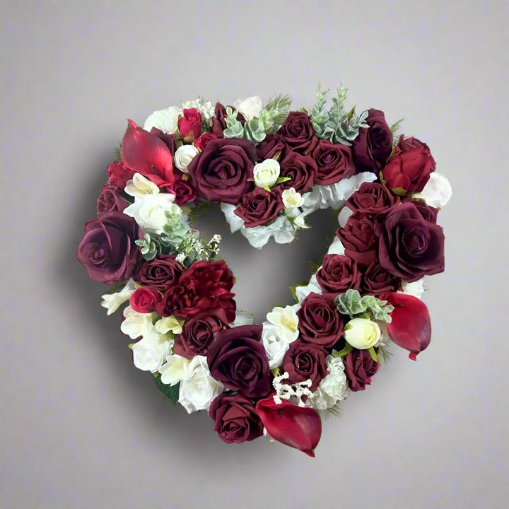 Red And White Rose Heart Shaped Valentines Artificial Flowers Memorial Wreath Claire De Fleurs