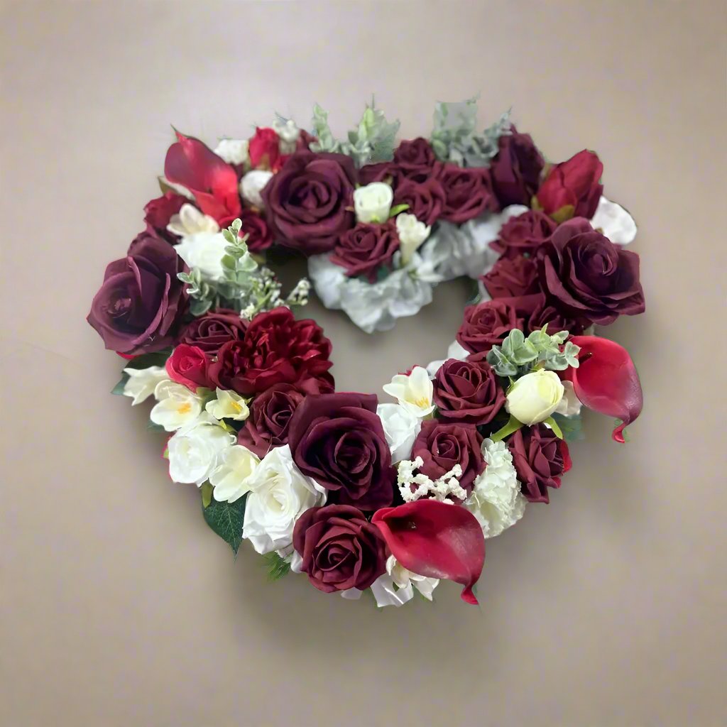 Red And White Rose Heart Shaped Valentines Artificial Flowers Memorial Wreath Claire De Fleurs