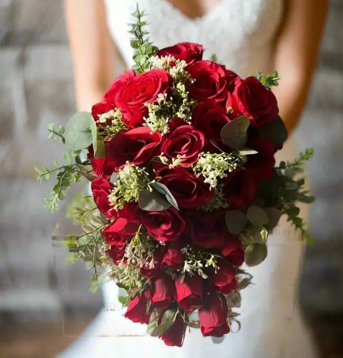 Red Rose And Babys Breath Artificial Bouquet Package Claire De Fleurs