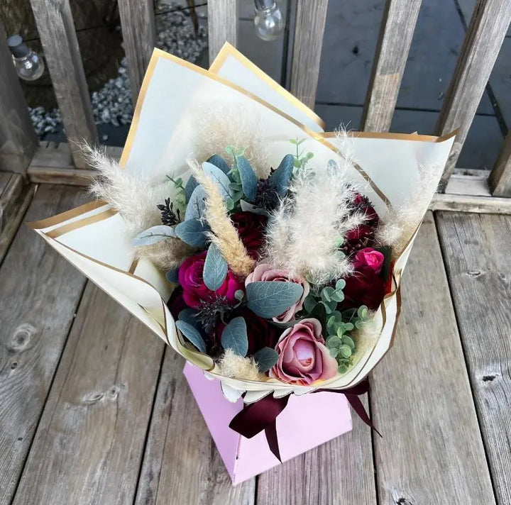 Valentine Bouquet Red And Pink Roses Pampas Claire De Fleurs