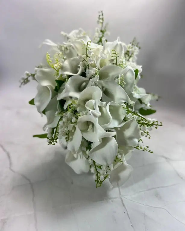 White Lily Tear Drop Cascade Artificial Wedding Bouquet Claire De Fleurs