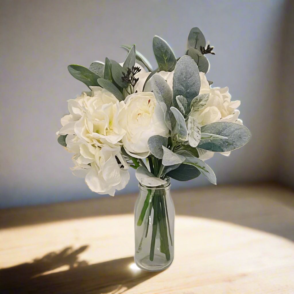 White Peonies And Hydrangea Arrangement - Artificial Flowers | Claire De Fleurs