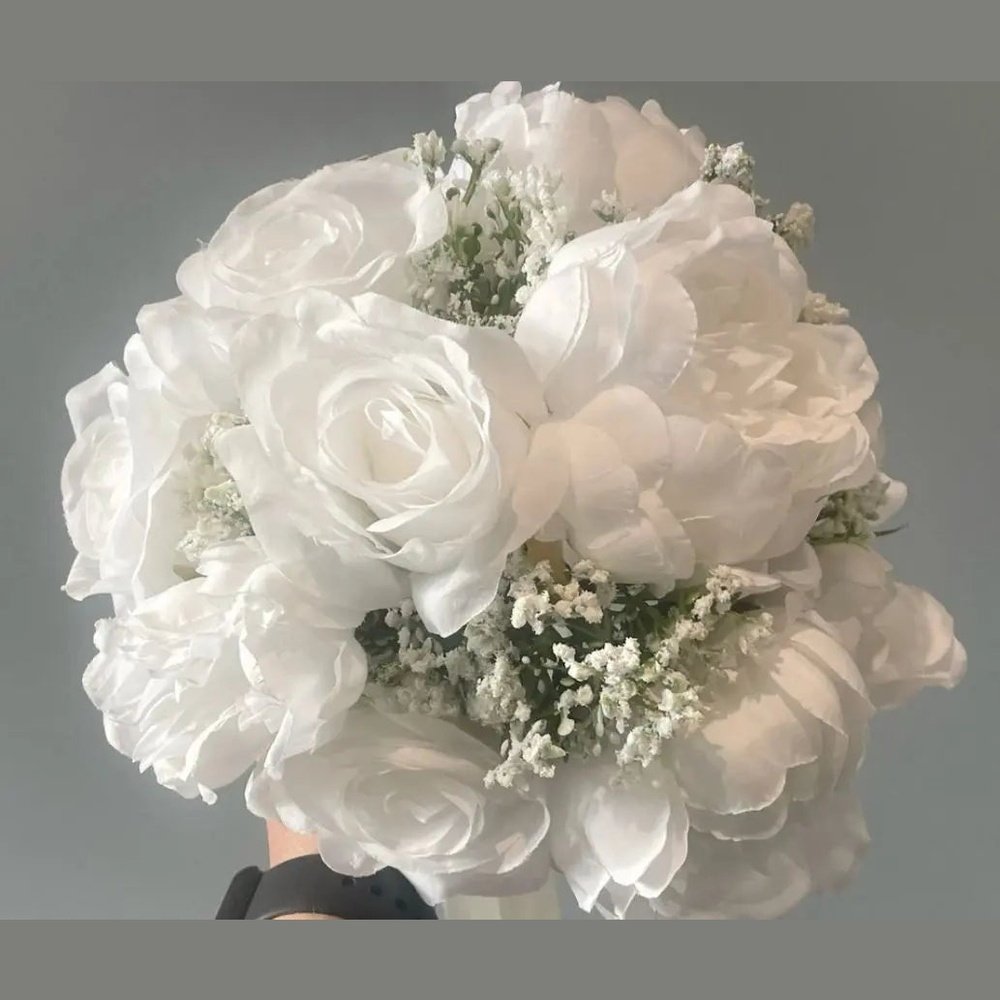 White Rose and Peony Artificial Silk Bridal Bouquet Claire De Fleurs