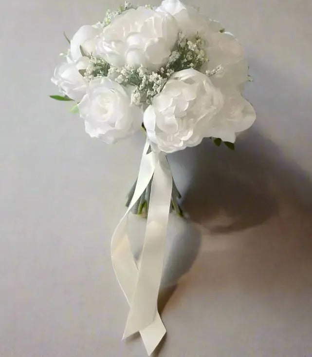 White Rose and Peony Artificial Silk Bridal Bouquet Claire De Fleurs