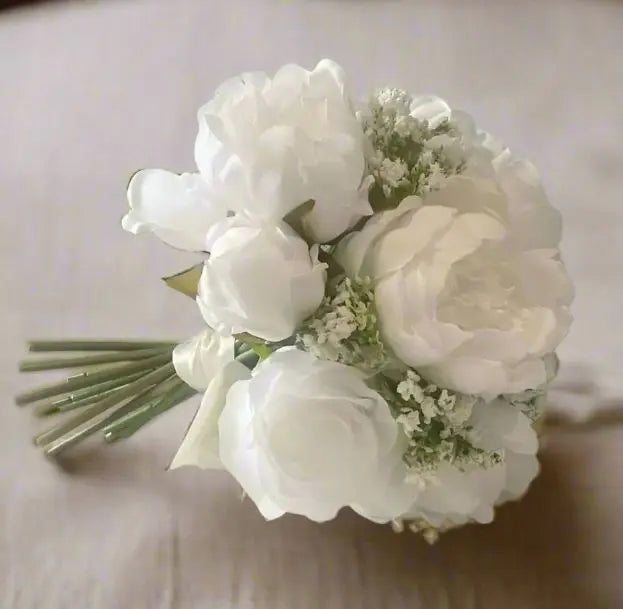 White Rose and Peony Artificial Silk Bridal Bouquet Claire De Fleurs