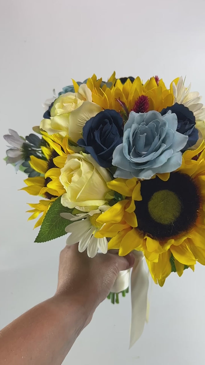 Dusty Blue Rose Sunflower Artificial Bridal Bouquet